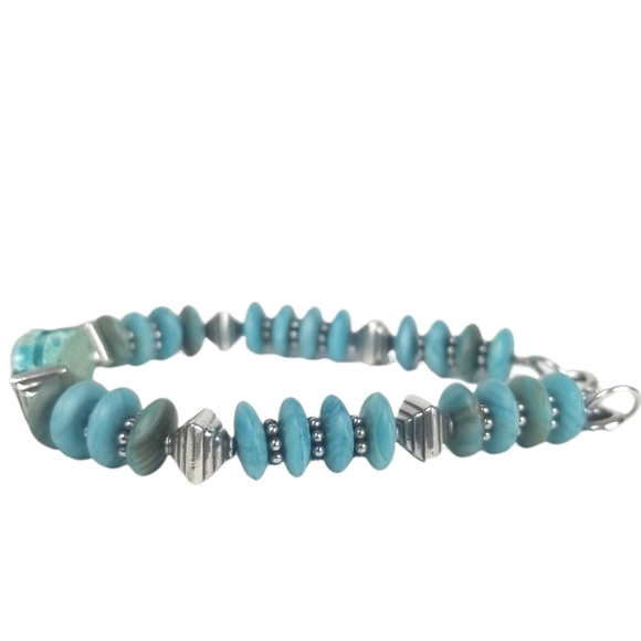 Artisan Turquoise Magnesite Disk & Scarab & Sterling Silver Bracelet - Picture 4 of 6